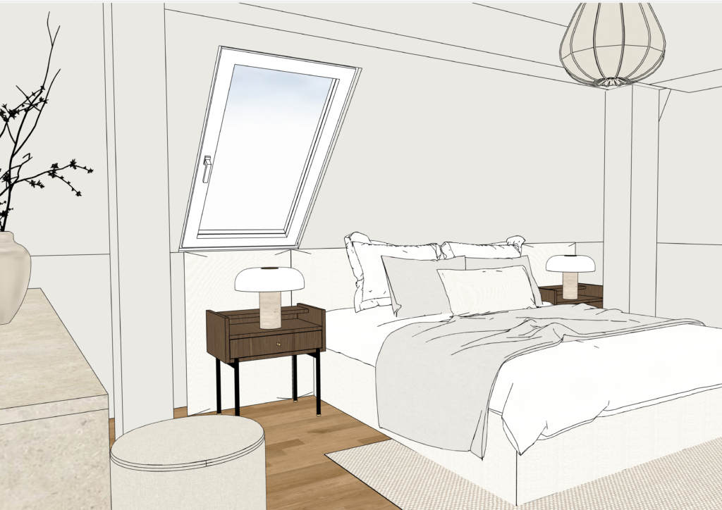 Rendering Schlafzimmer mit Bett und Nachttisch