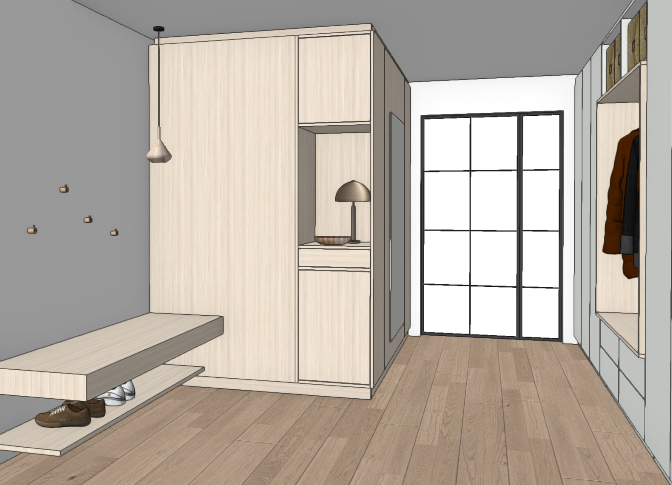 3D-Visualisierung eines modernen Flurbereichs mit maßgefertigten Holzmöbeln und Sitzbank für ein Innenarchitektur-Konzept in Freiburg.