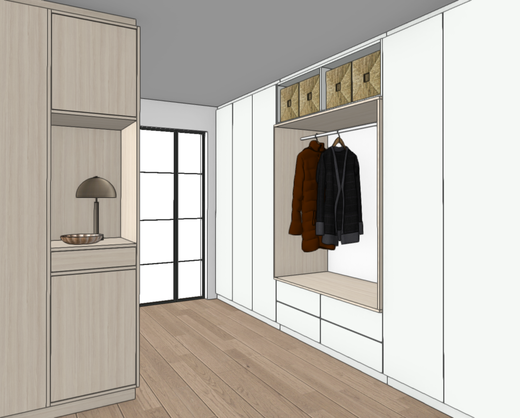3D-Visualisierung eines modernen Flurbereichs mit maßgefertigten Holzmöbeln. u