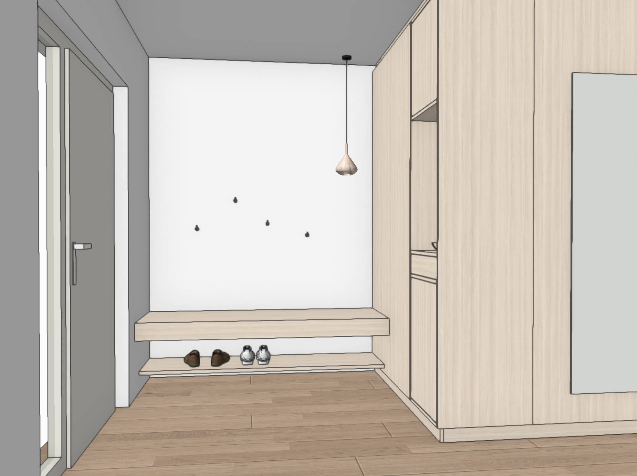 3D-Visualisierung eines modernen Flurbereichs mit maßgefertigten Holzmöbeln und Sitzbank für ein Innenarchitektur-Konzept in Freiburg.
