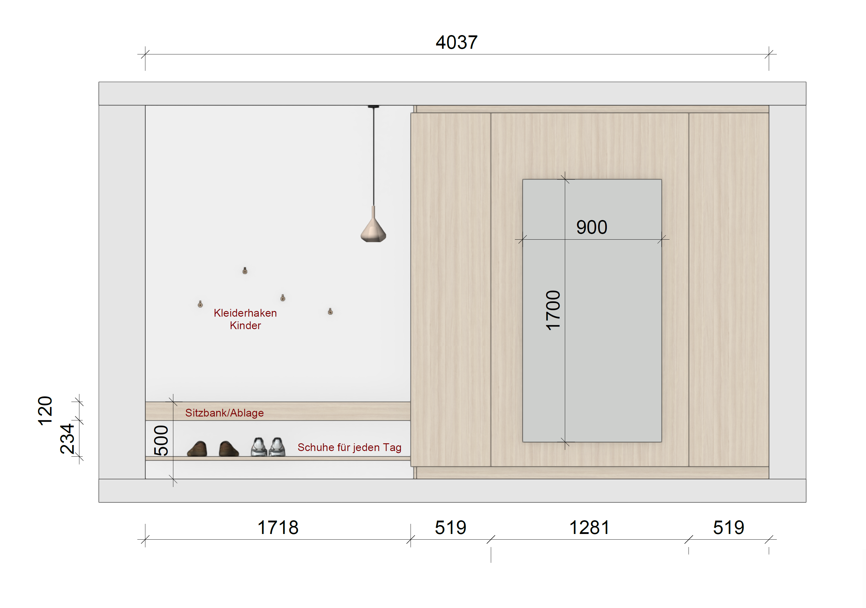 Schuhregal Rendering im Eingangsbereich.