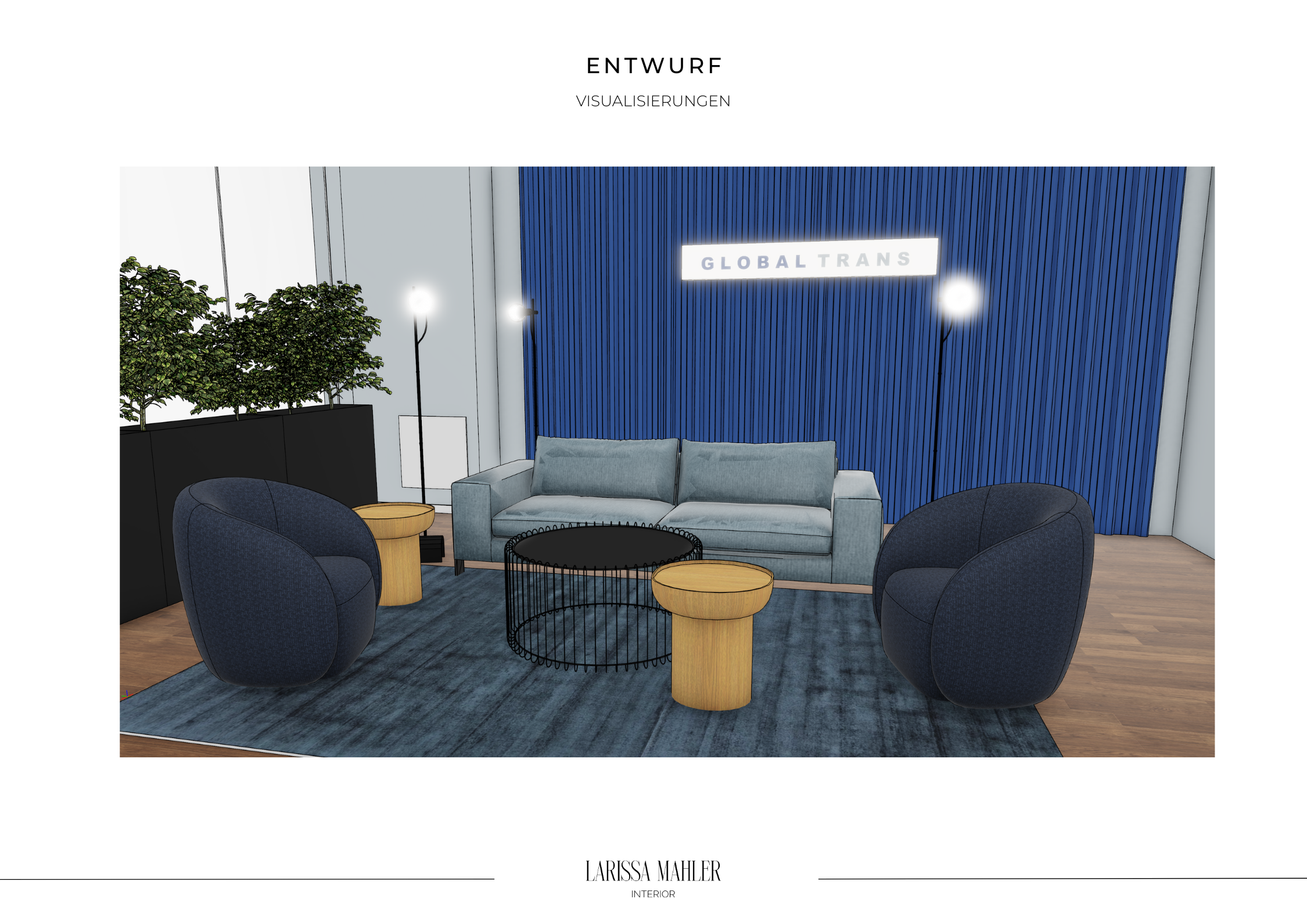 3D-Visualisierung eines modernen Office-Loungedesigns mit blauen Polstermöbeln, einem runden Tisch und Pflanzen.