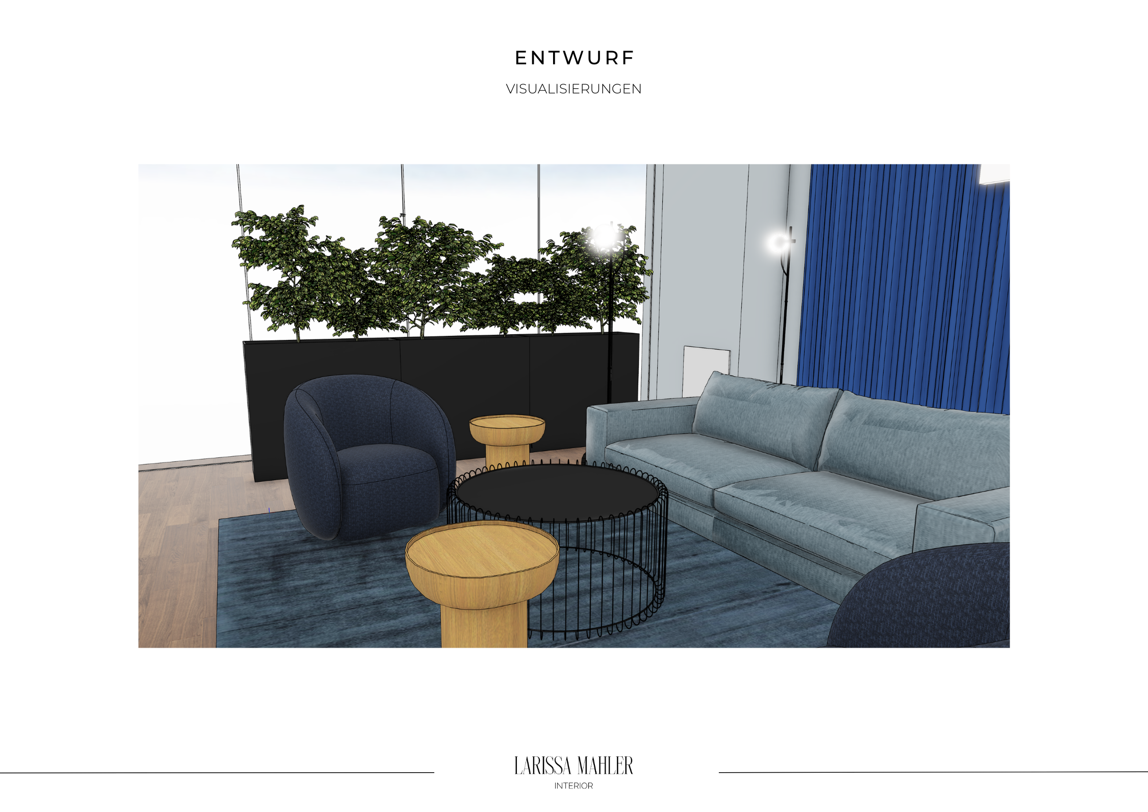 3D-Visualisierung eines modernen Office-Loungedesigns mit blauen Polstermöbeln, einem runden Tisch und Pflanzen.