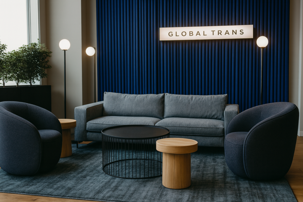 Büroeingang mit Sofa, Hockern und Tischen bei Global Trans.