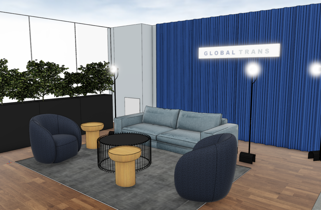 Rendering eines Lobbybereichs mit Sitzelementen und einem Tisch