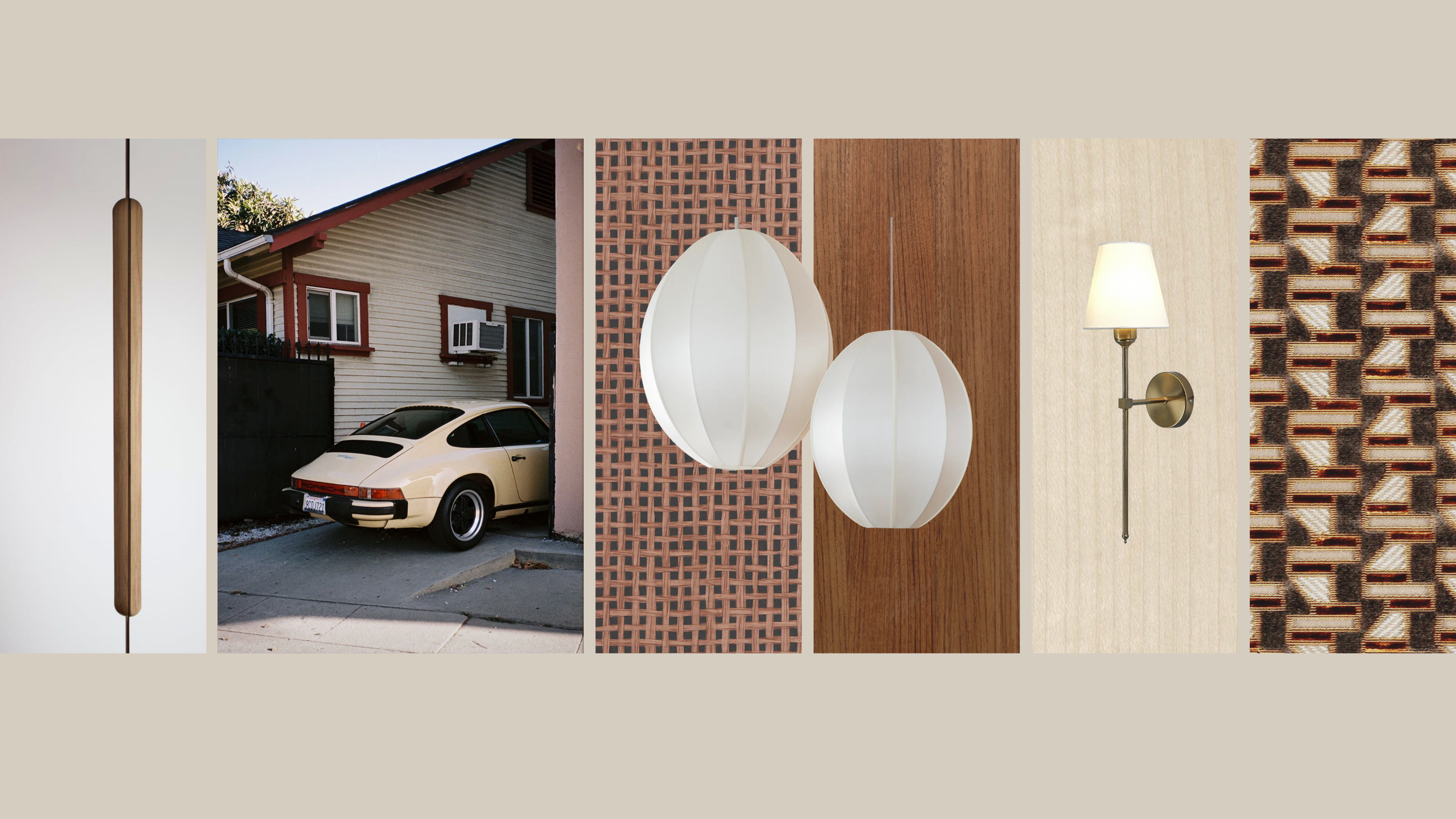 Moodboard mit Retro-Porsche, ovalen Pendelleuchten, geometrischem Textilmuster und Holzstruktur.