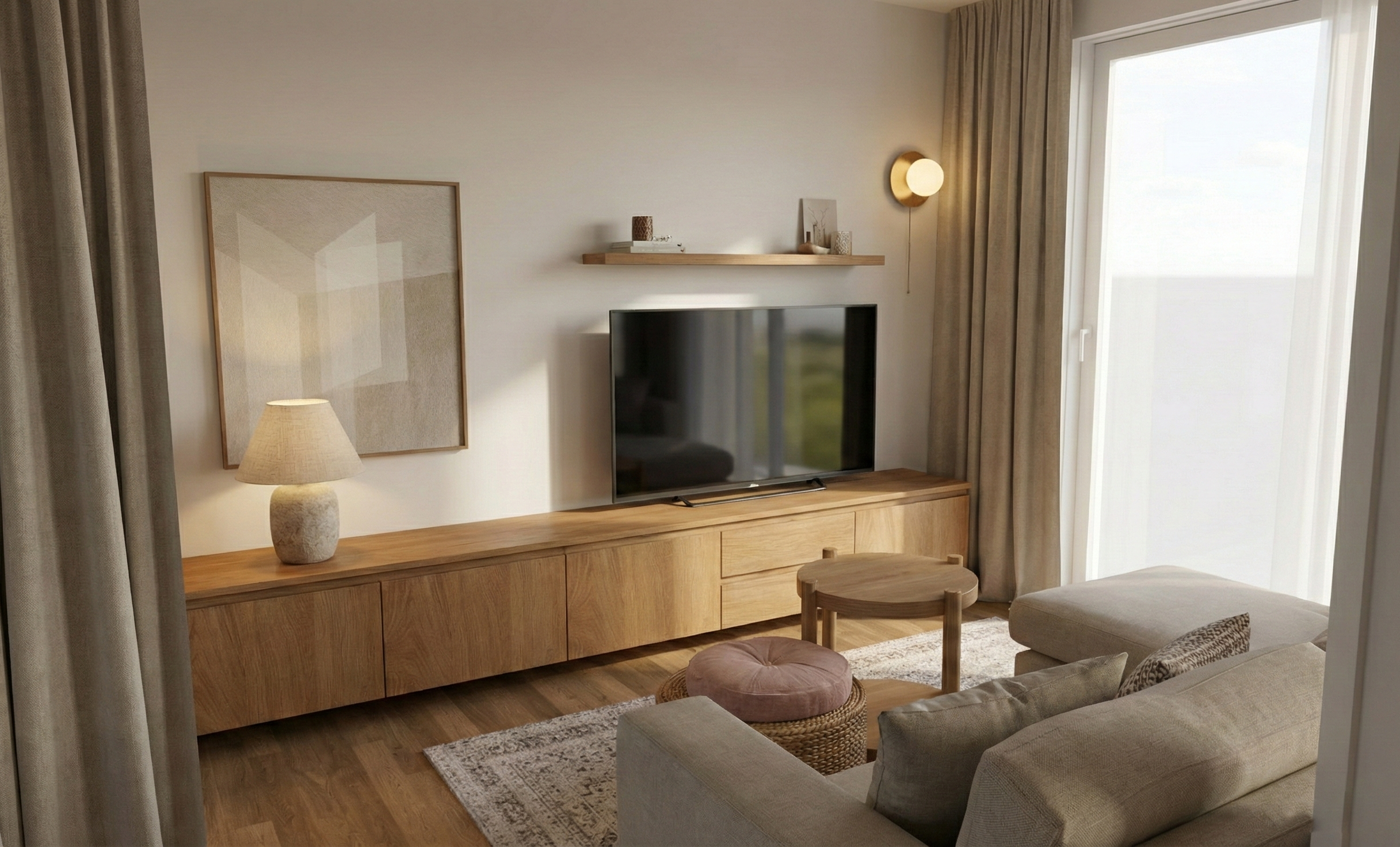 Moderner Wohnbereich mit Eichenholz-TV-Lowboard, Flachbildfernseher und grauem Sofa