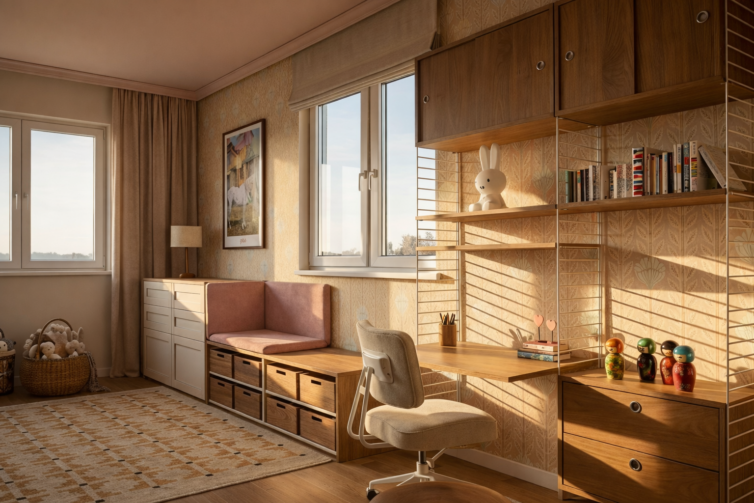 Helles Kinderzimmer mit Regal, Schreibtisch, Sitzbank vor gemusterter Tapete und Teppich im skandinavischen Stil.