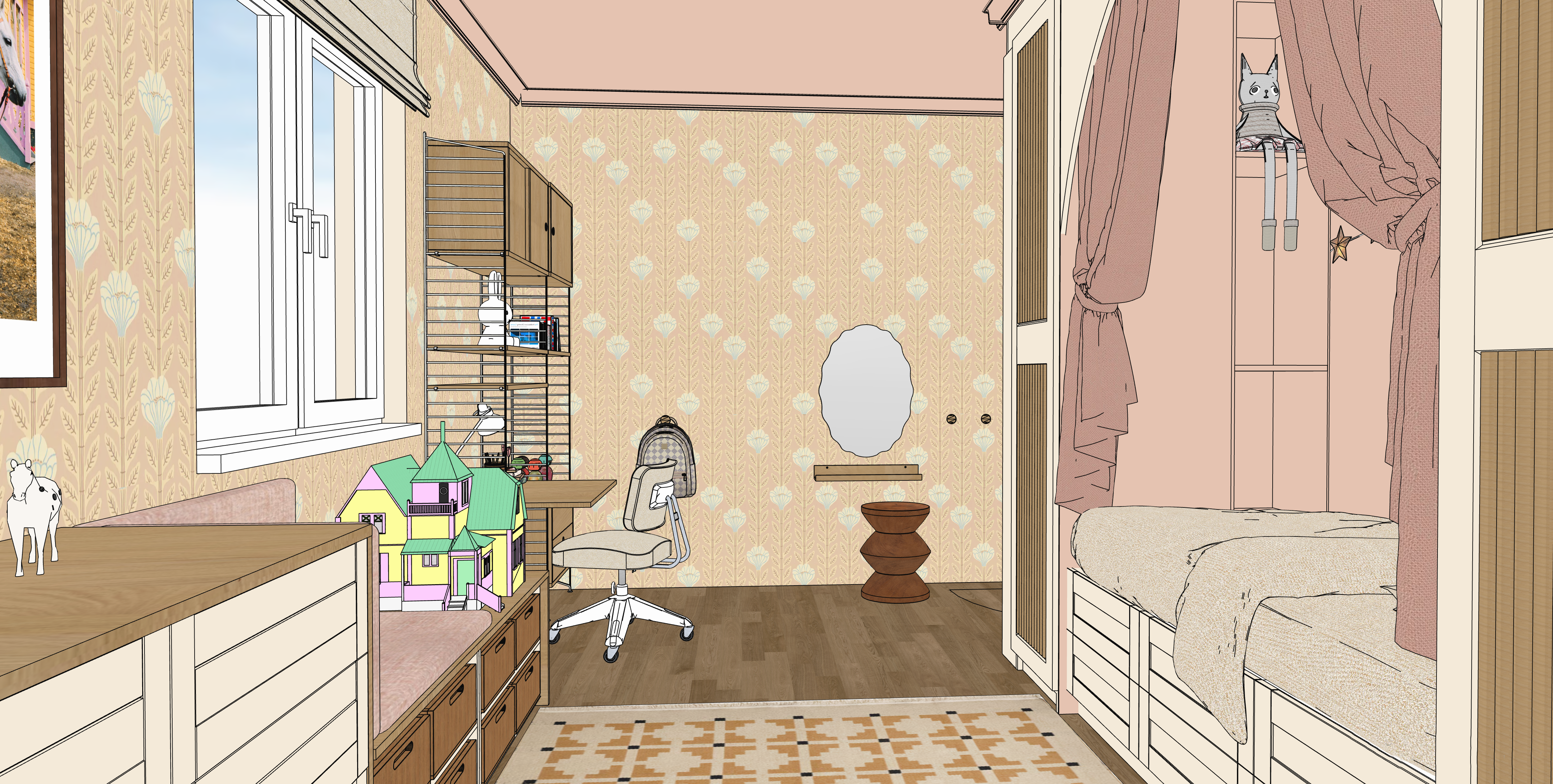 Kinderzimmer mit Nischenbett im Wandschrank, Schubladen Schreibtisch und einem Fenster