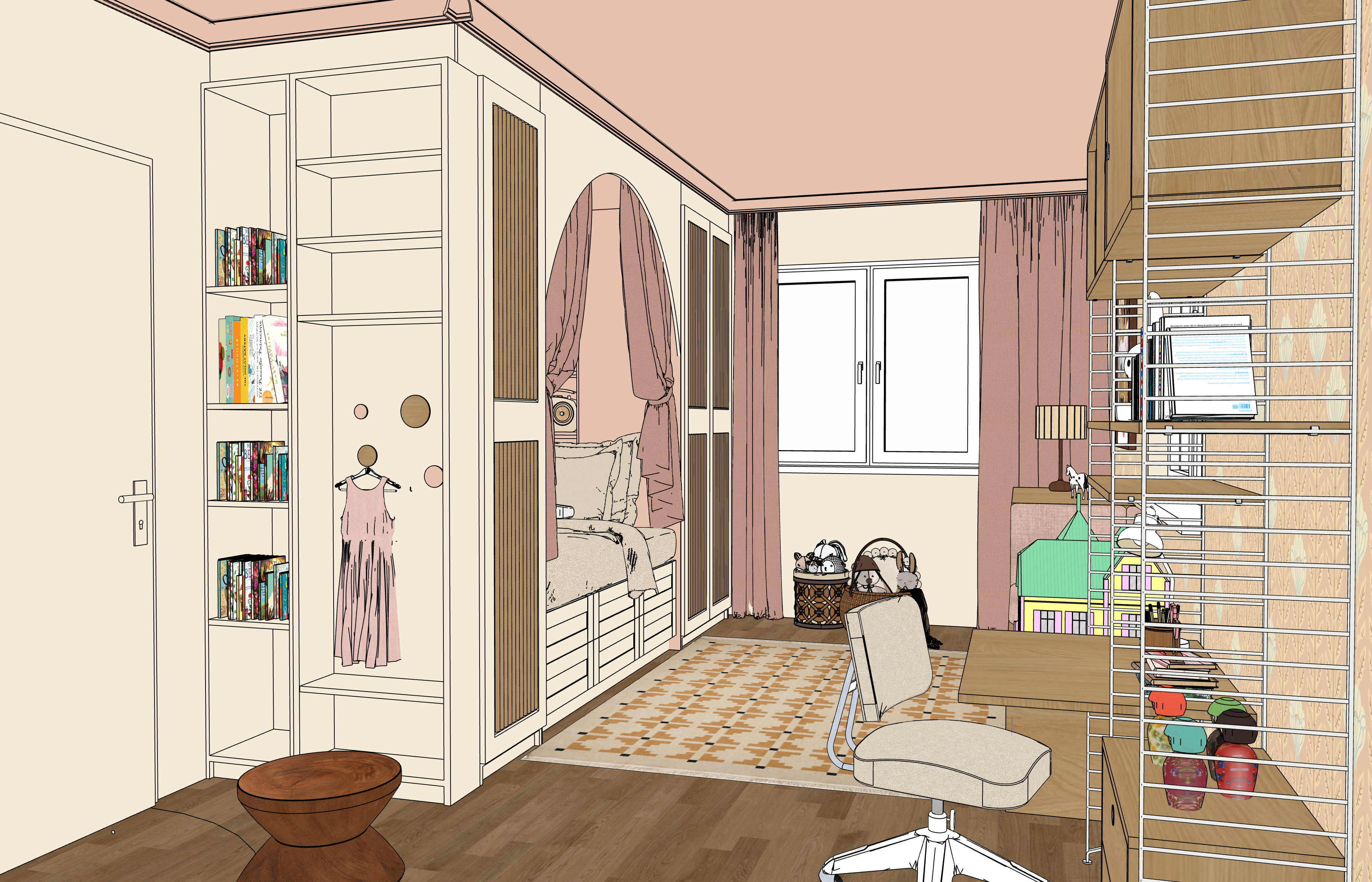 Kinderzimmer mit Nischenbett im Wandschrank, Schubladen Schreibtisch und einem Fenster