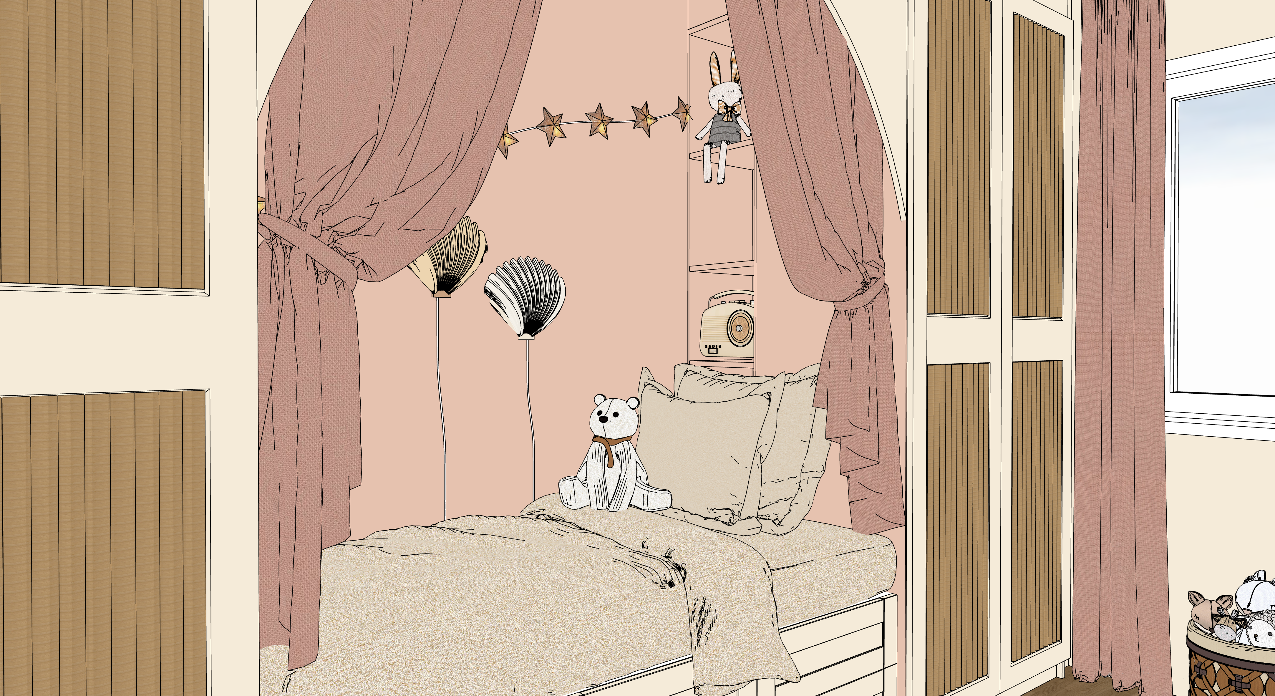 Kinderbett in Wandnische mit Kuscheltier und dekorativen Wandlampen.