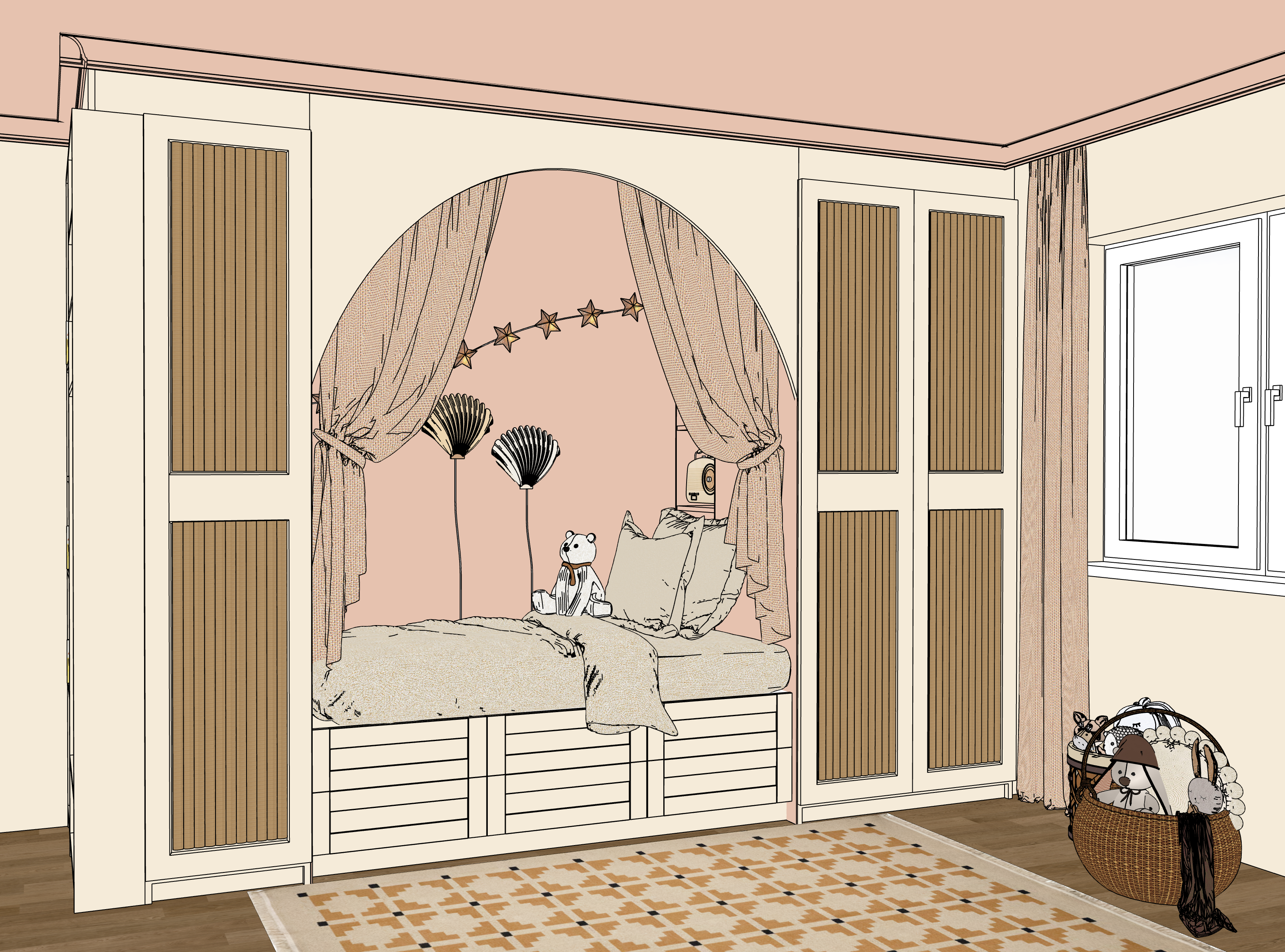 Skizze: Gemütliche Kinderzimmer-Bettnische mit rosa Vorhängen, Lichterkette, Bär, zwei Schränken und Teppich.