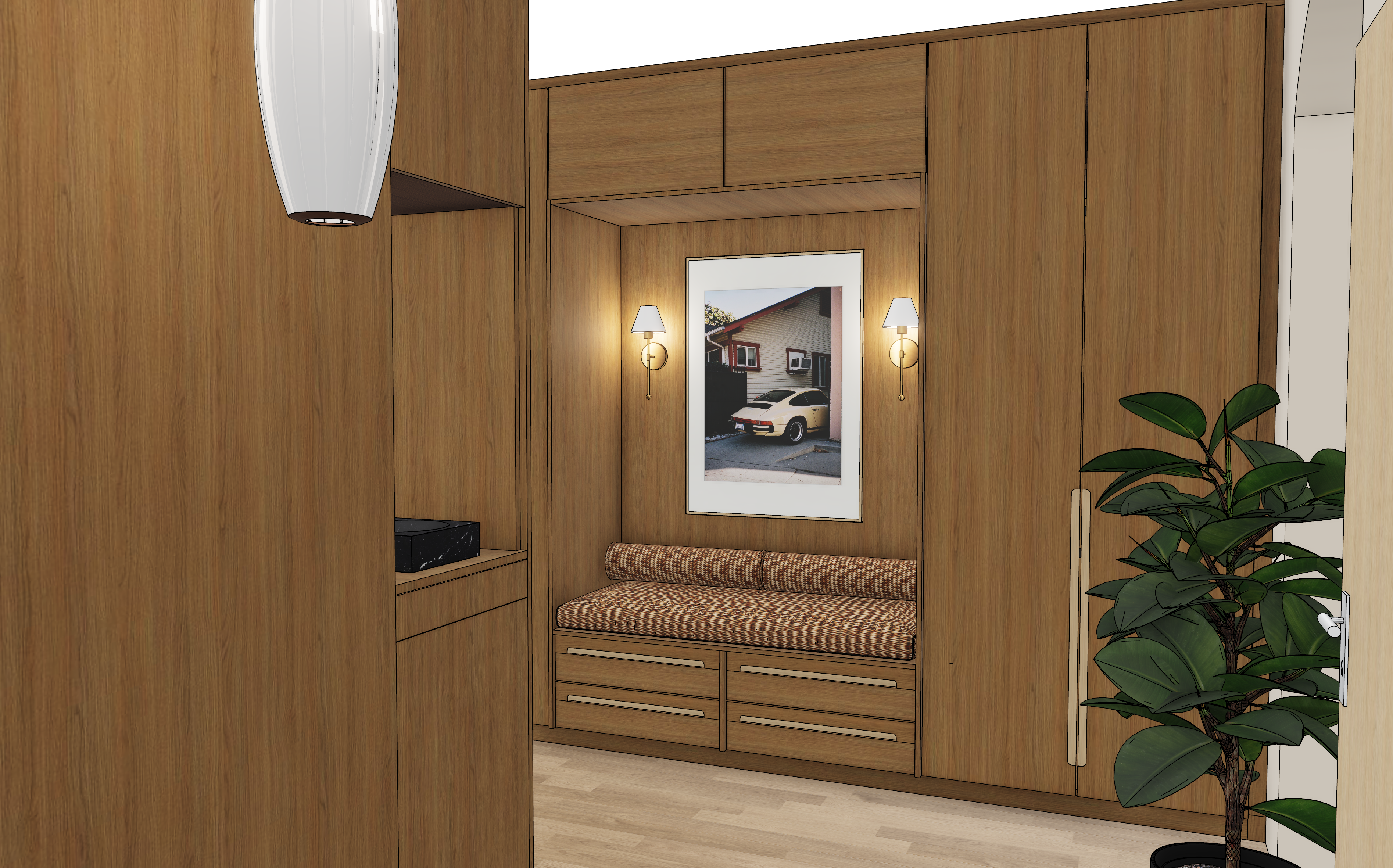 Holzverkleideter Wandschrank mit Sitzbank, Schubladen, zwei Wandleuchten und gerahmtem Kunstdruck