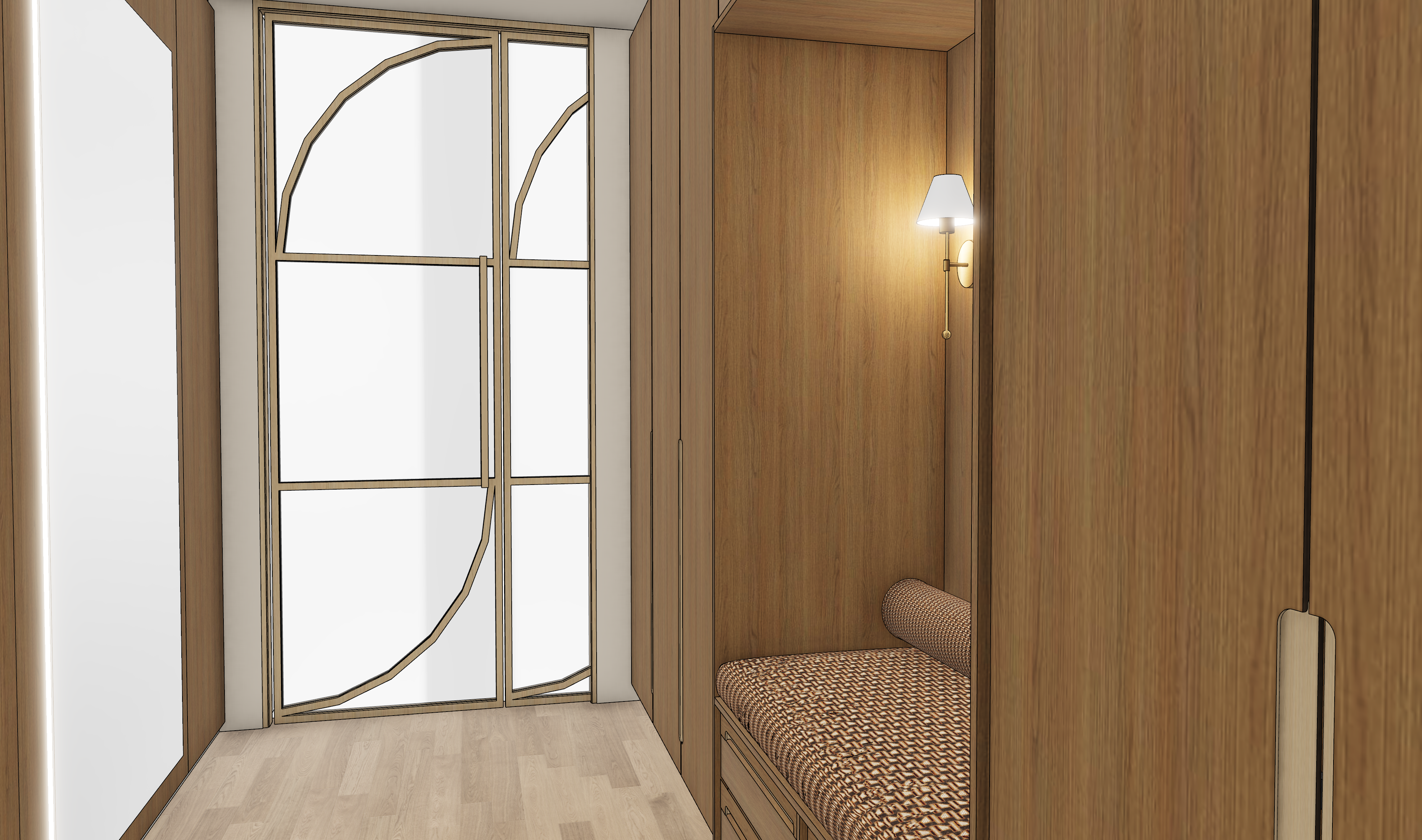 Wandschränke mit Wandleuchte und Sitzelement in Wandnische.