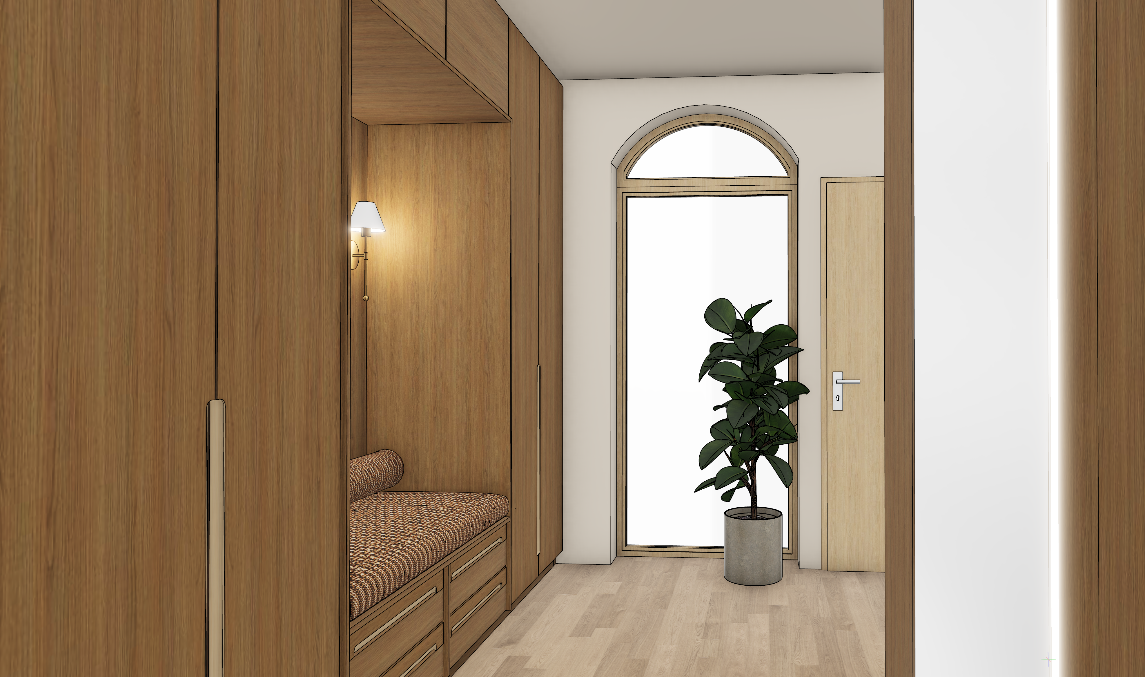 Designerflur mit immerpflanze. Wandnische mit Sitzbank und Wandleuchte.