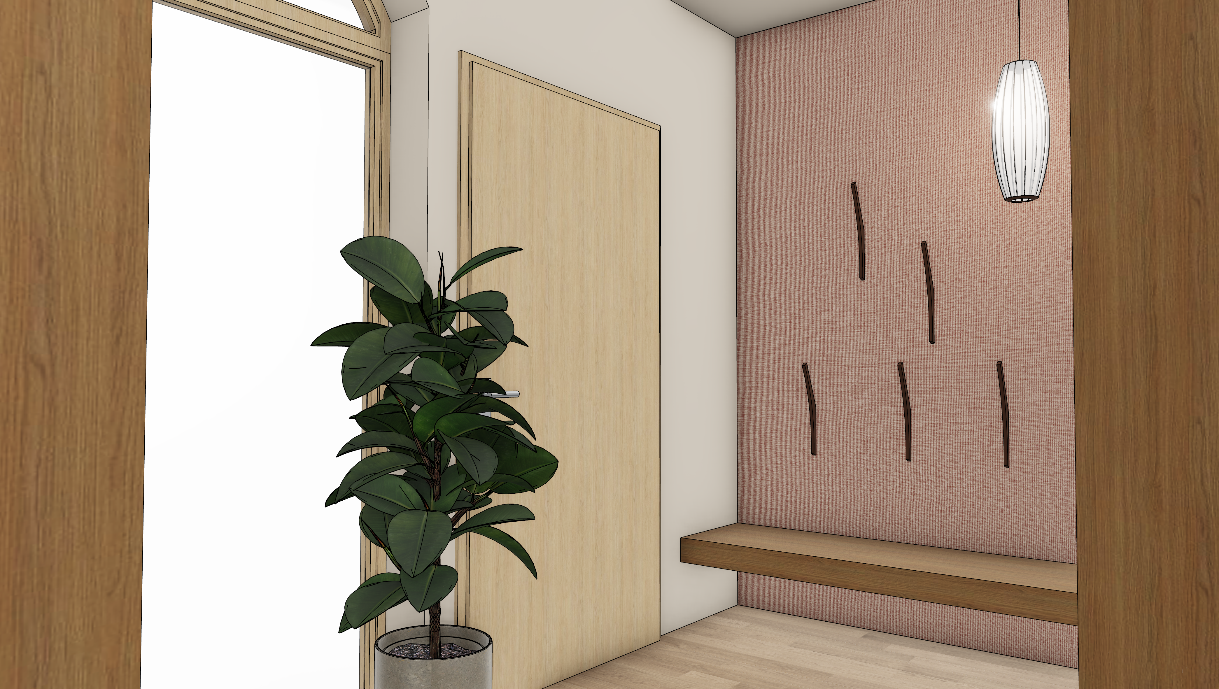 Designerflur mit Pendelleuchte und Zimmerpflanze. Dekoriertes Wandelement mit Sitzbank.