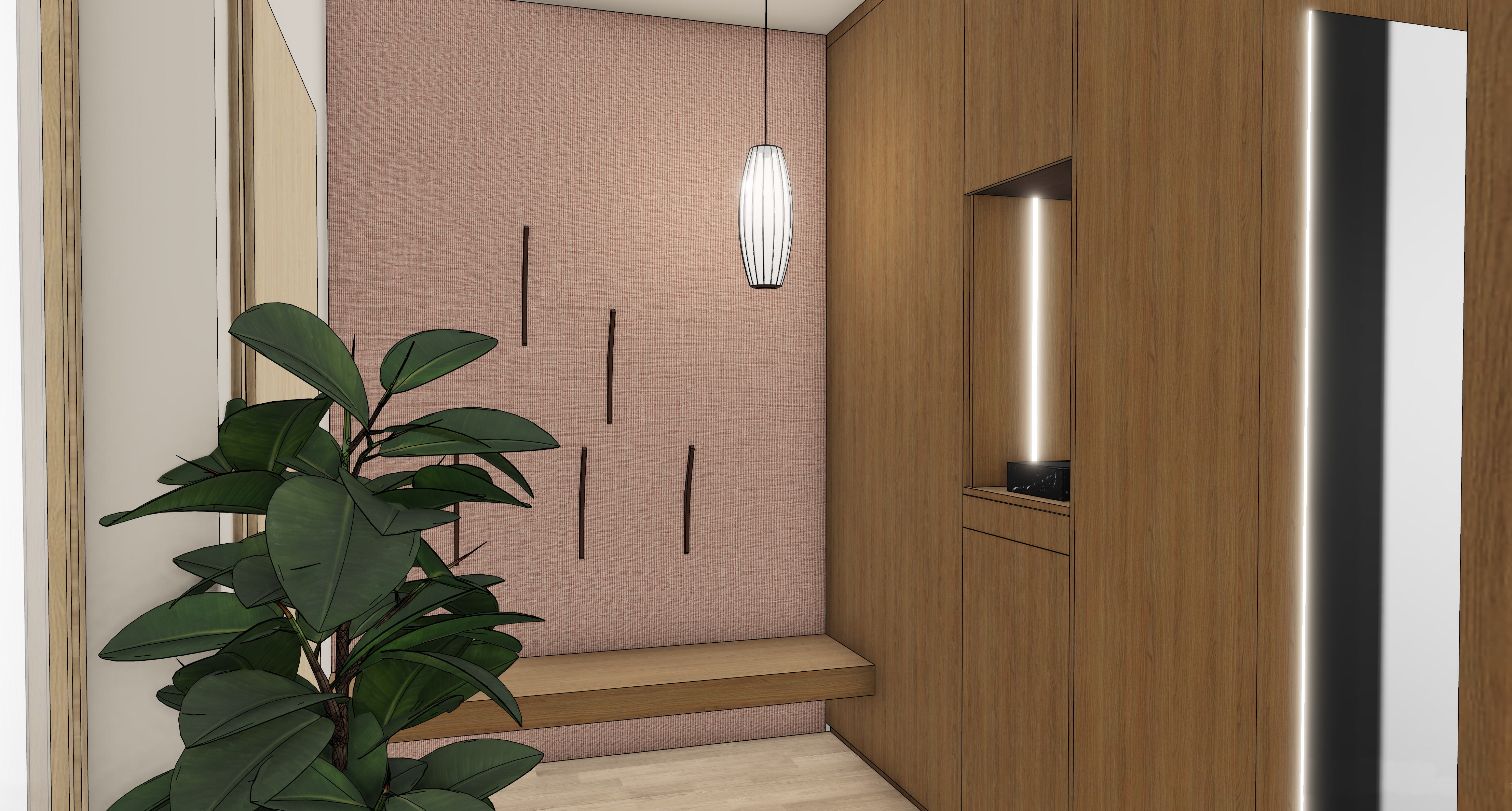 Designerflur mit Pendelleuchte und Zimmerpflanze. Dekoriertes Wandelement mit Sitzbank.
