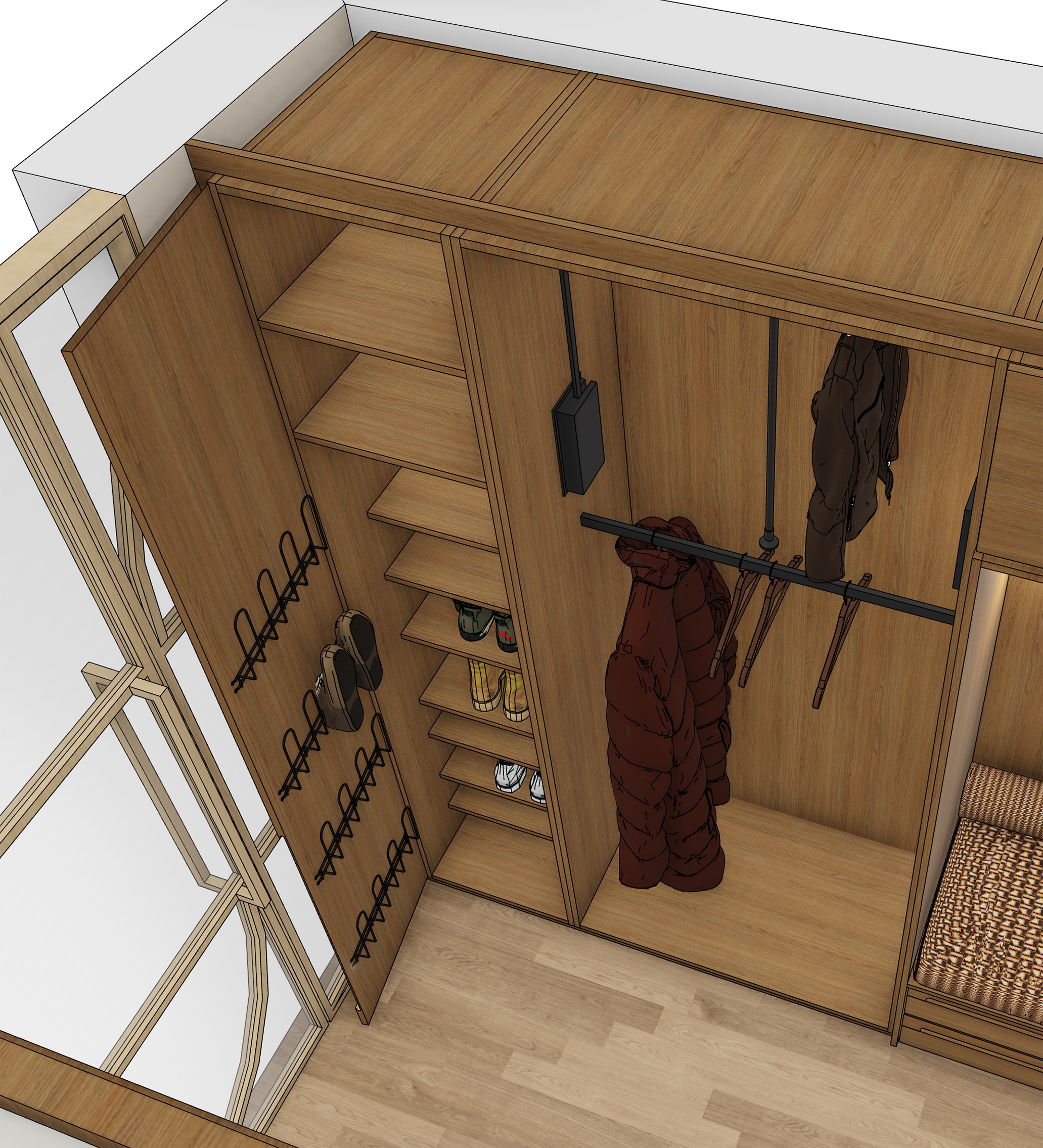 Offener Kleiderschrank mit Holzstruktur, Hängestange, Schuhfächern und Zubehörablage