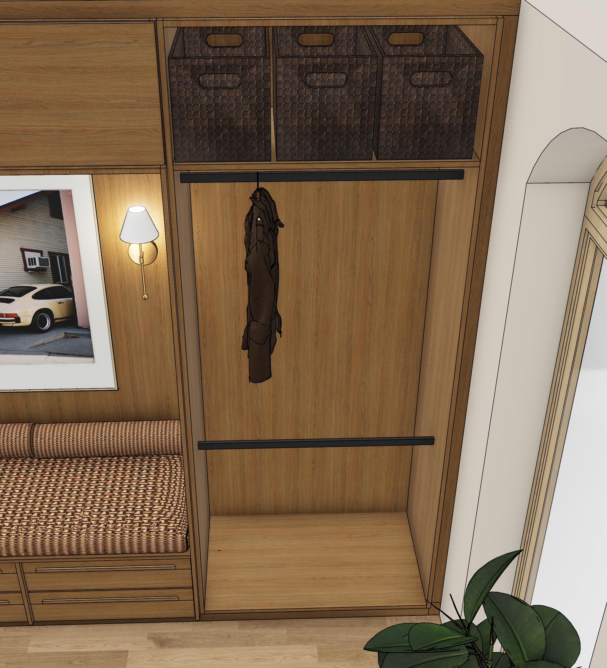 Offener Holzkleiderschrank mit Hängestange und Sitzbank.