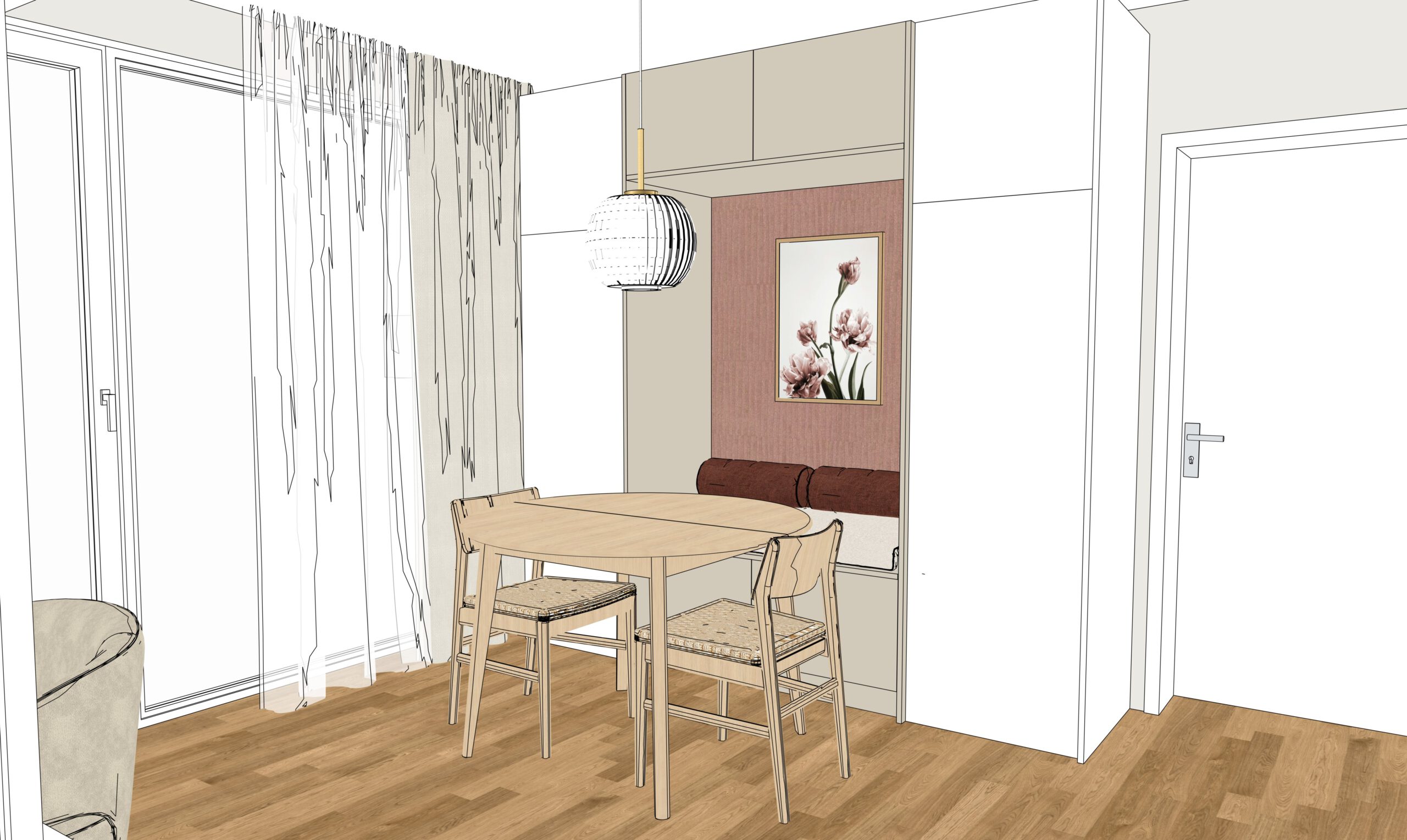 Essbereich-Skizze mit ovalem Holztisch, Stühlen, Pendelleuchte und brauner Nische.