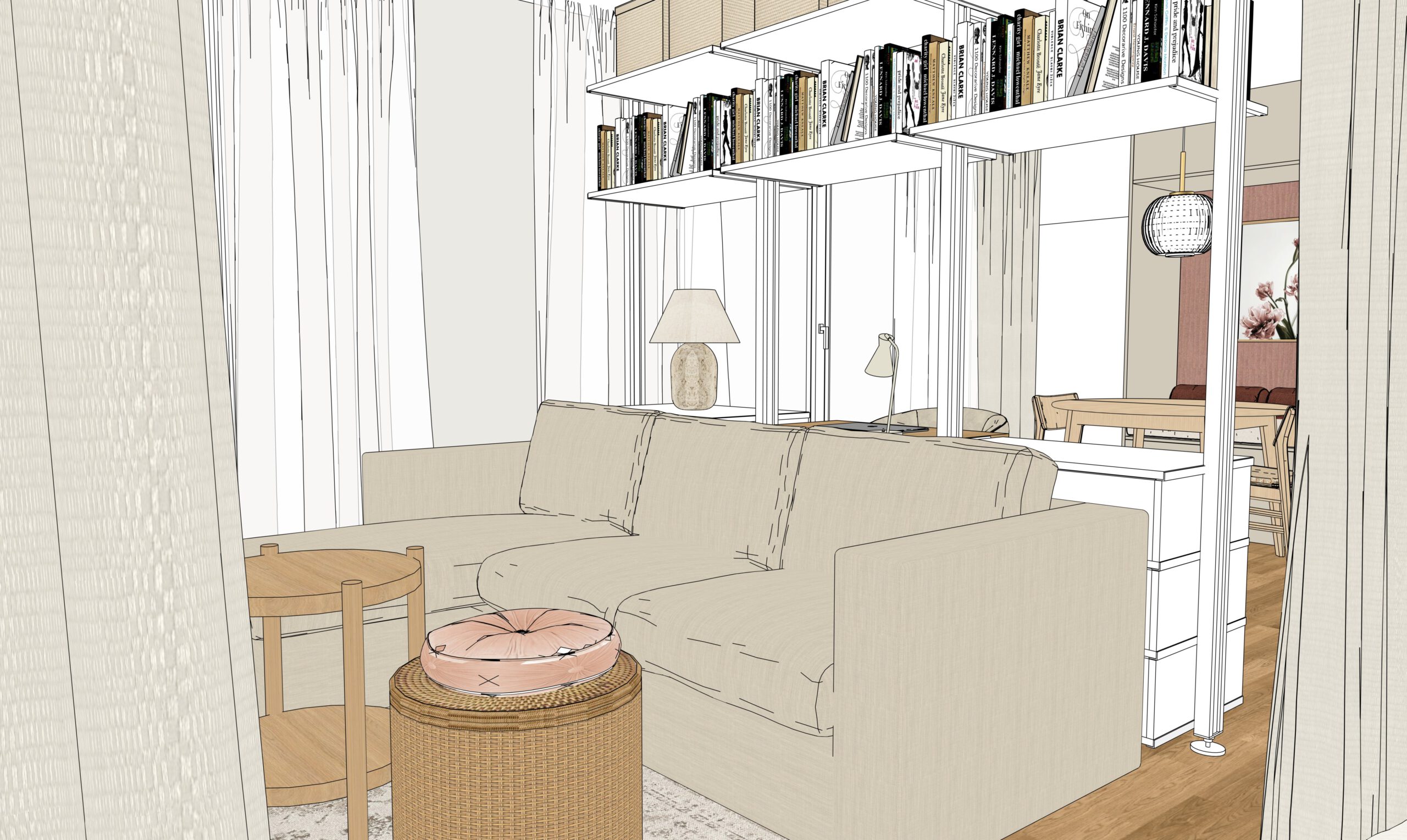 Wohnzimmer-Skizze mit hellem Sofa, Bücherregal und Couchtisch in natürlichen Tönen