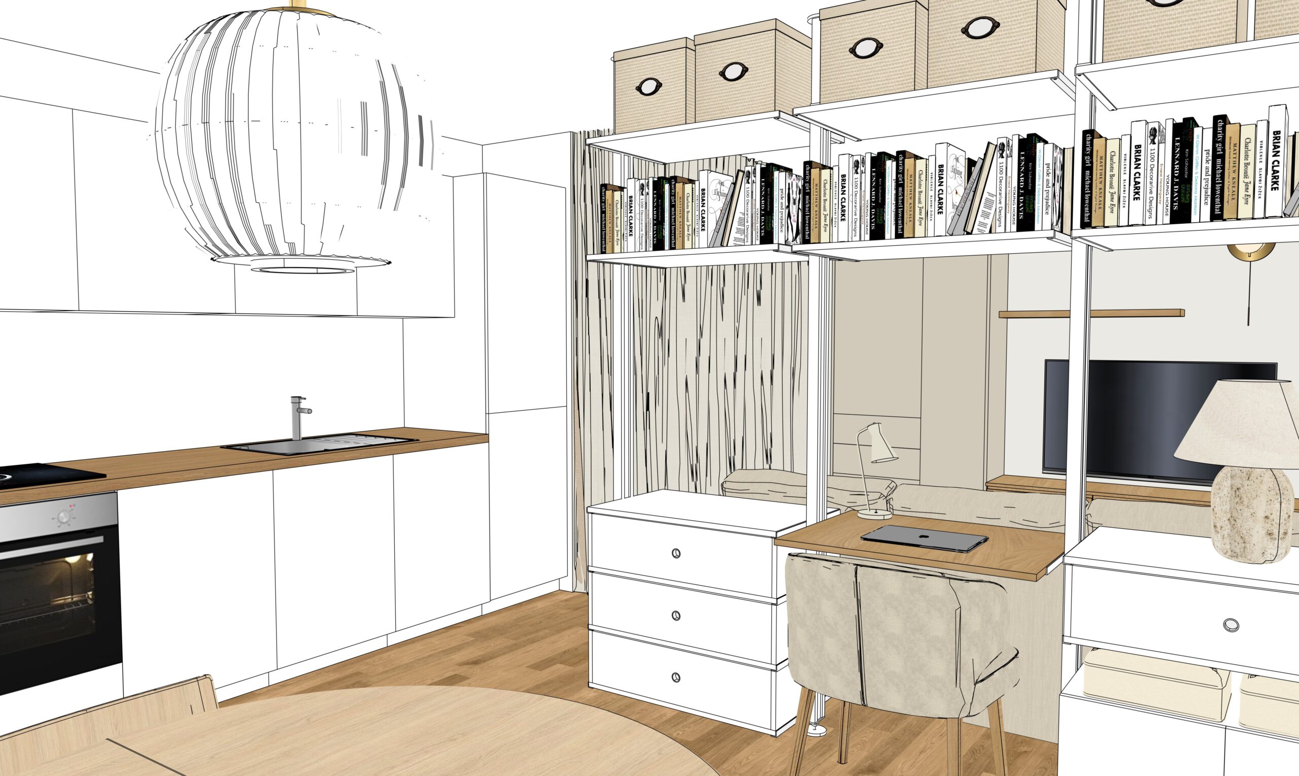 Offenes Regal, Schubladen und gemustertem Vorhangelement