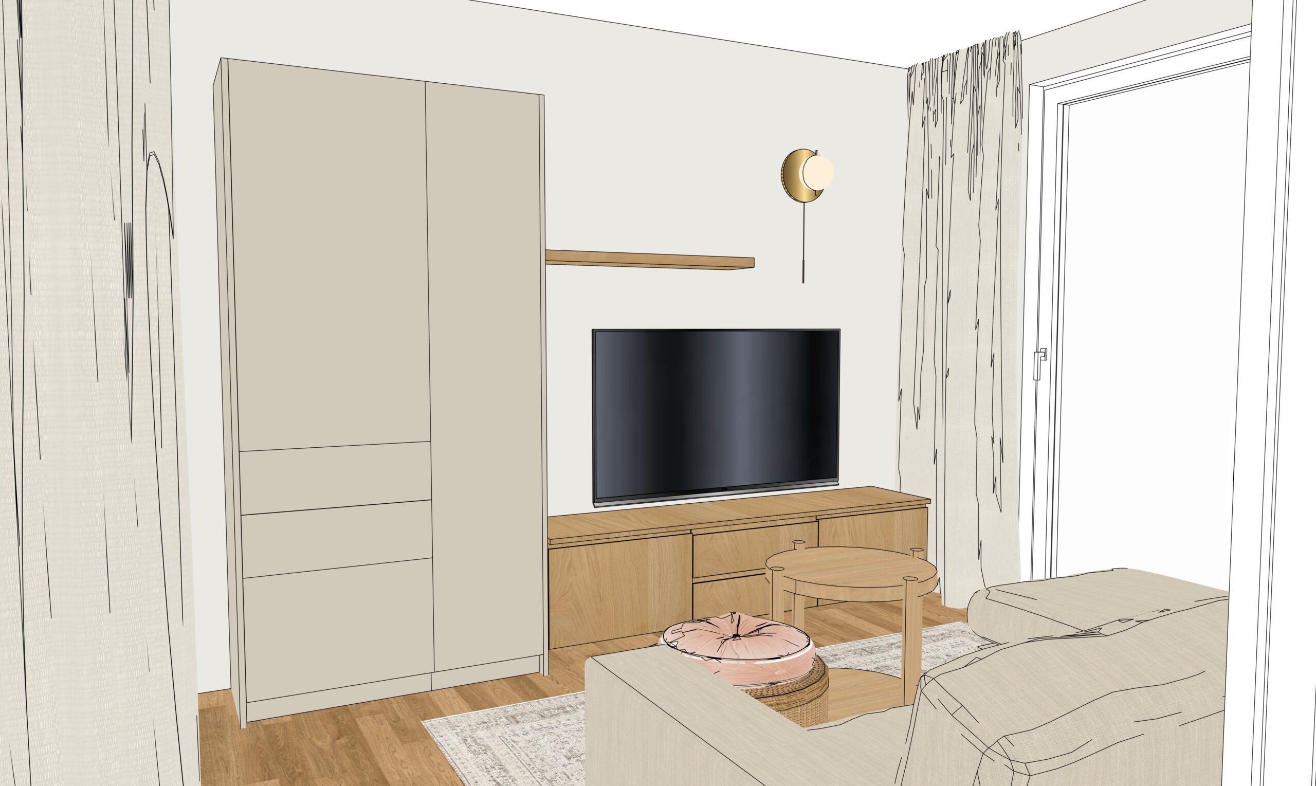 Wohnzimmer-Skizze mit TV-Lowboard aus Holz, Wandschrank und goldfarbener Wandleuchte