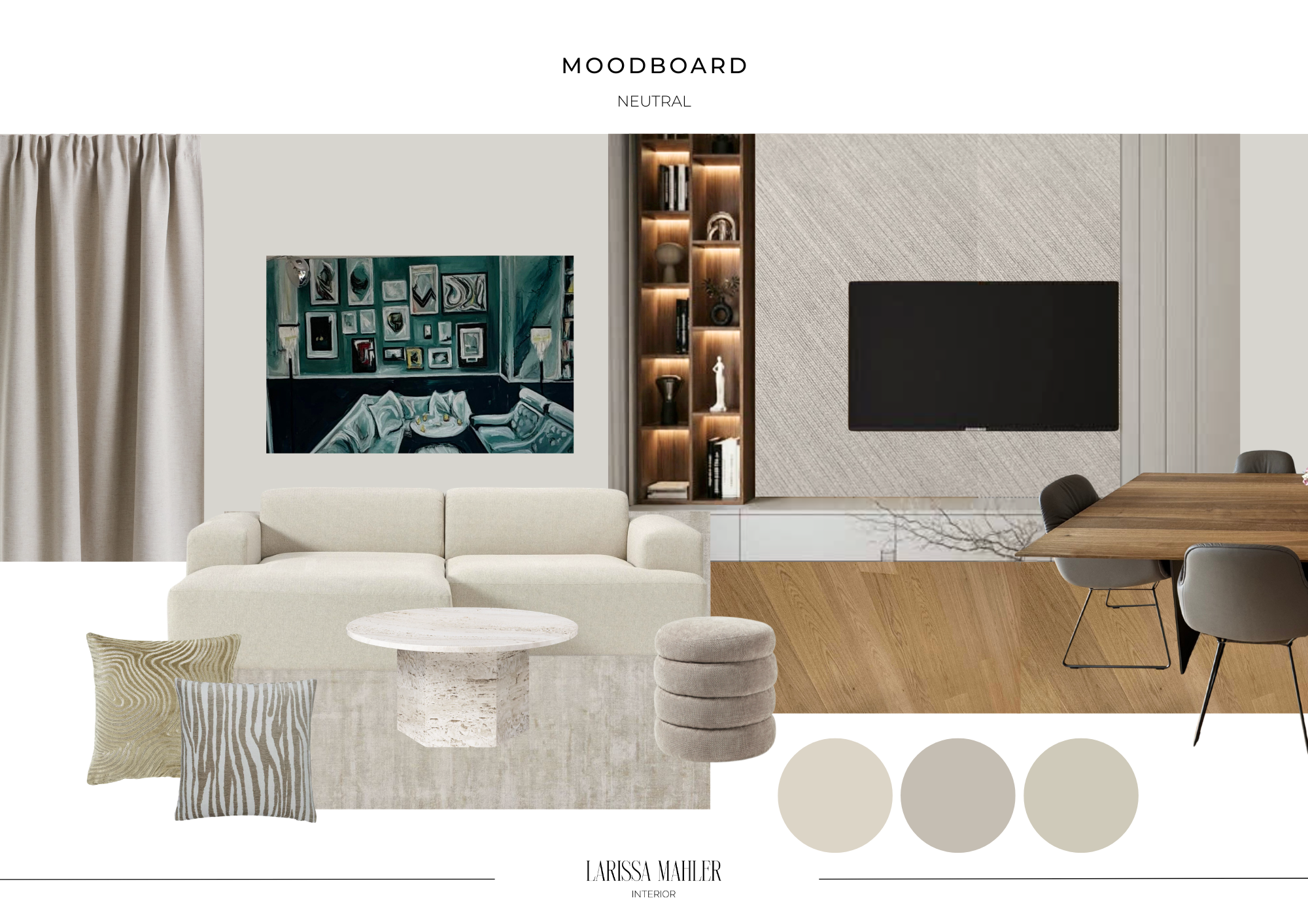 Moodboard für ein neutrales Wohnkonzept mit hellem Sofa, Marmortisch und harmonischer Farbpalette.