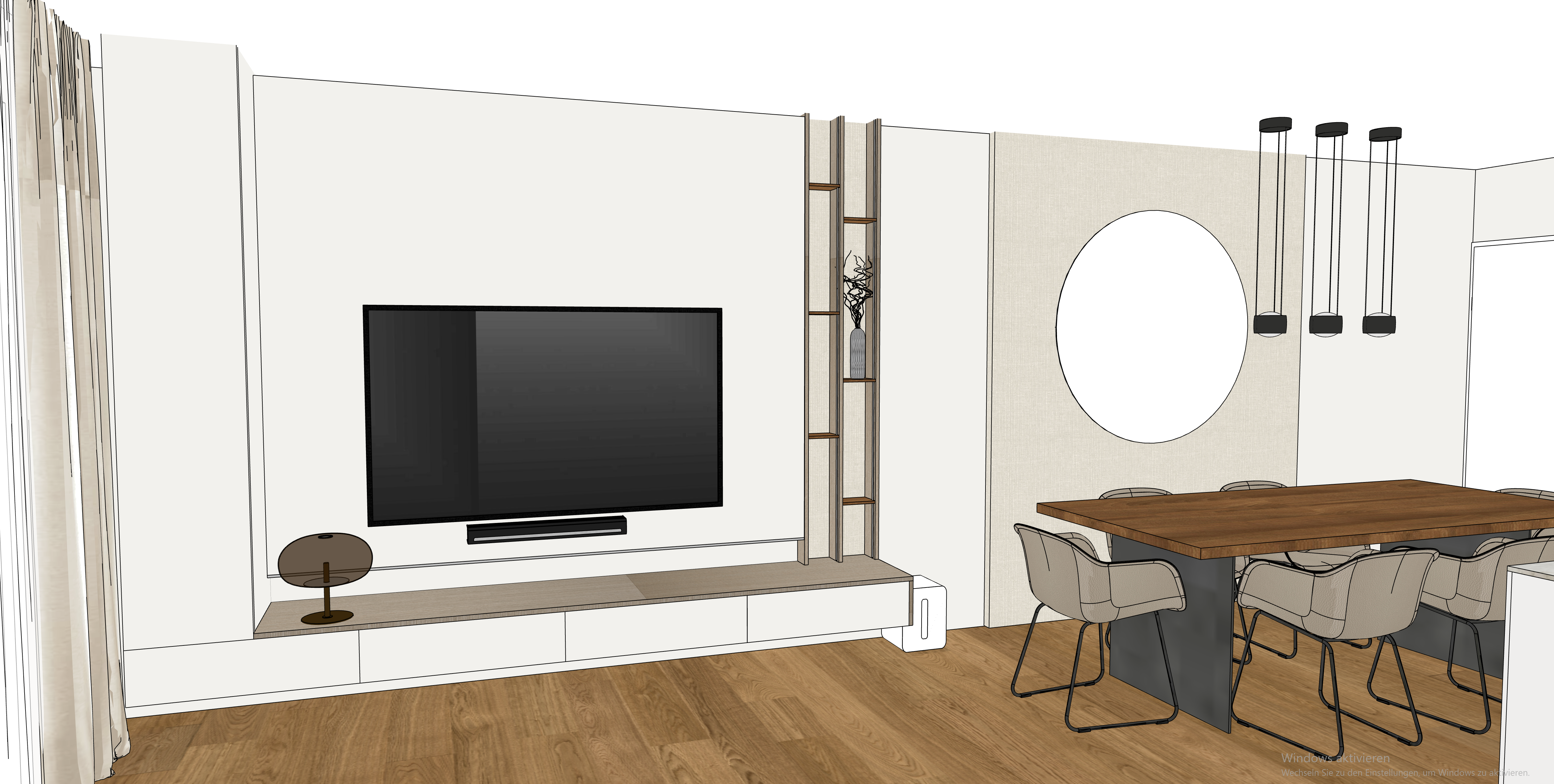 Moderne Wohnwand mit weißem Lowboard, Fernseher, offener Holzregal-Säule als Raumteiler und angrenzendem Essbereich mit rundem Spiegel.