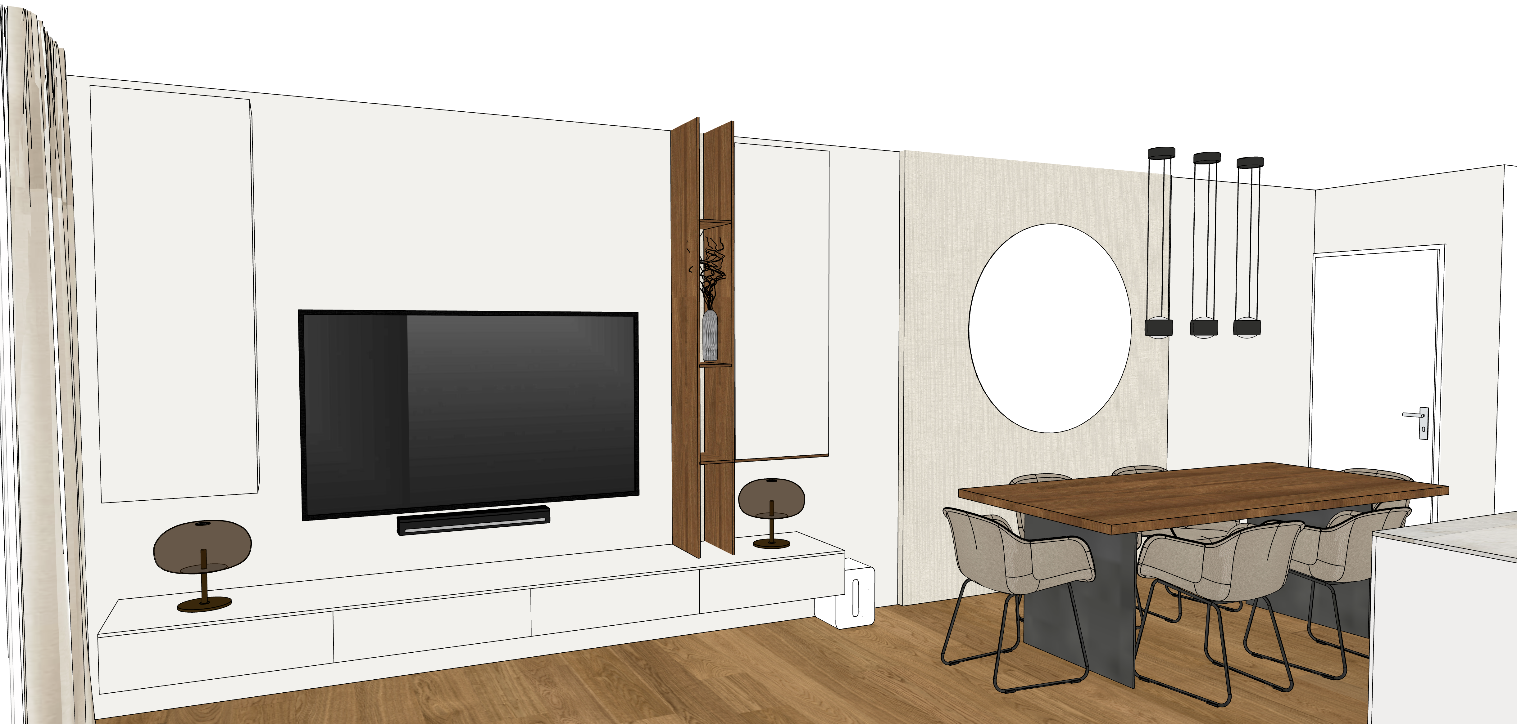 Moderne Wohnwand mit weißem Lowboard, Fernseher, offener Holzregal-Säule als Raumteiler und angrenzendem Essbereich mit rundem Spiegel.