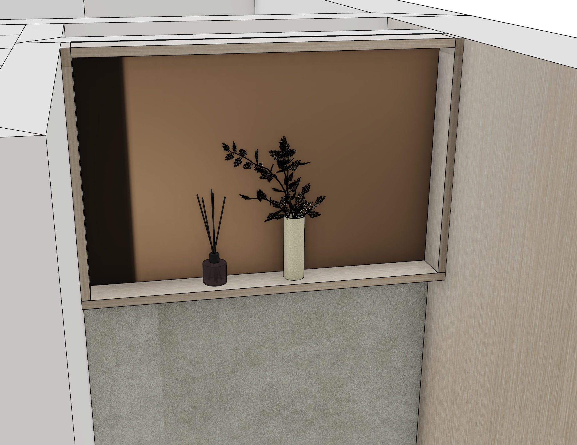 Minimalistische Wandnische mit Holzrahmen, brauner Rückwand und dezenter Dekoration über einer grauen Betonoptik-Fläche.