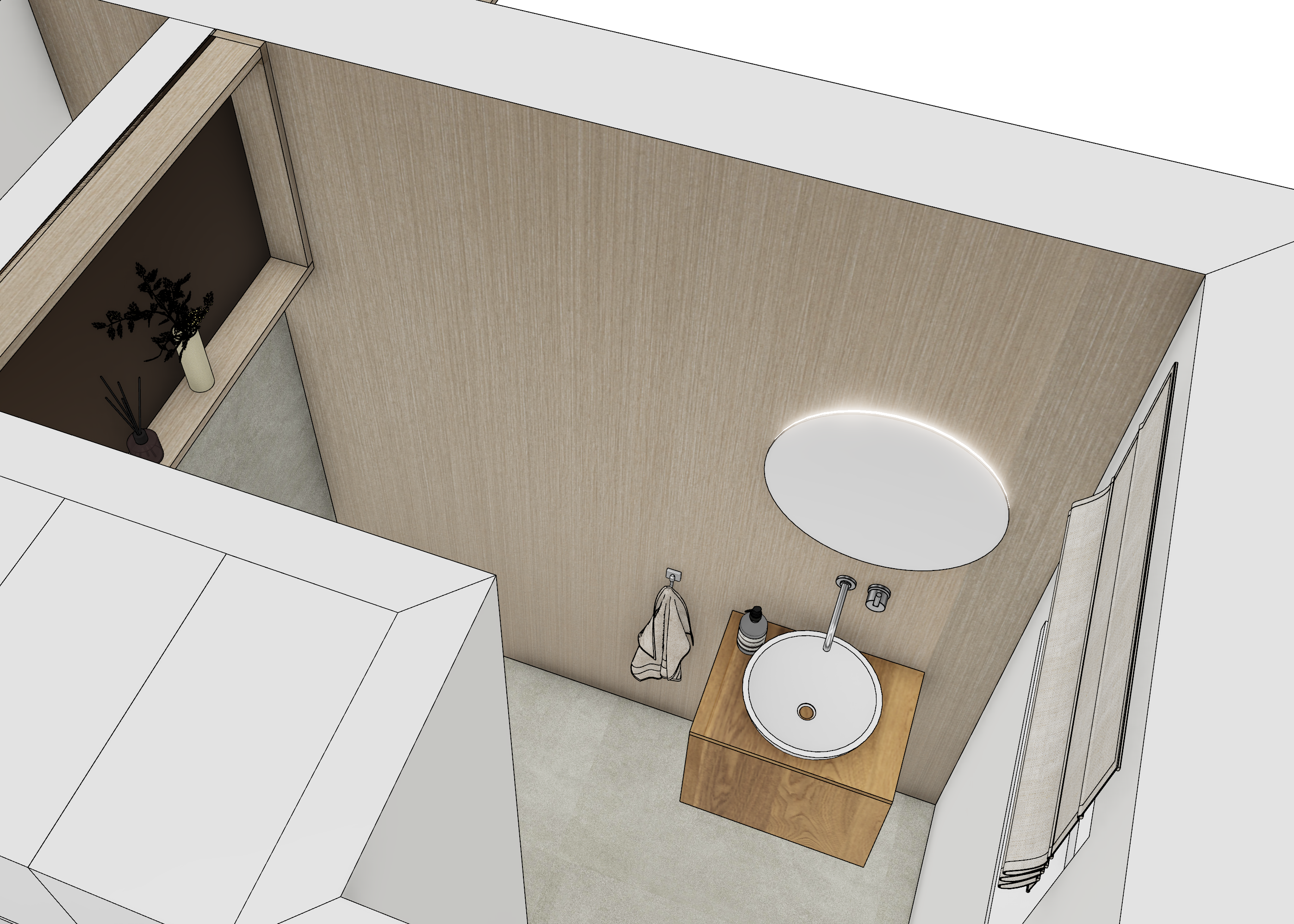 Modernes Gäste-WC mit rundem Aufsatzwaschbecken, hellem Holz-Unterschrank und kreisförmigem Spiegel in minimalistischem Design.