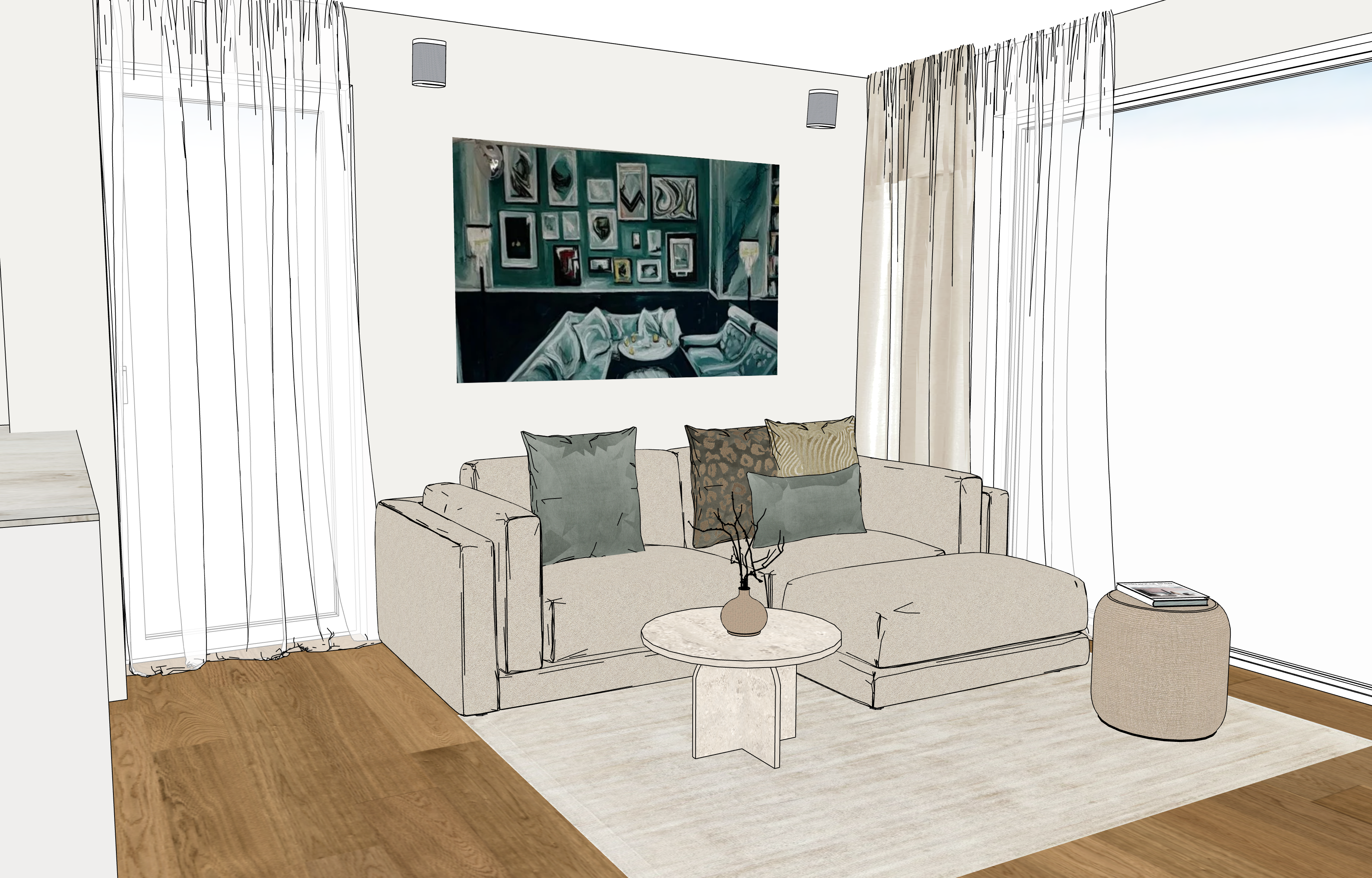 Harmonisches Gesamtkonzept aus hochwertiger TV-Wand und Holztisch für ein rundes Raumbild.