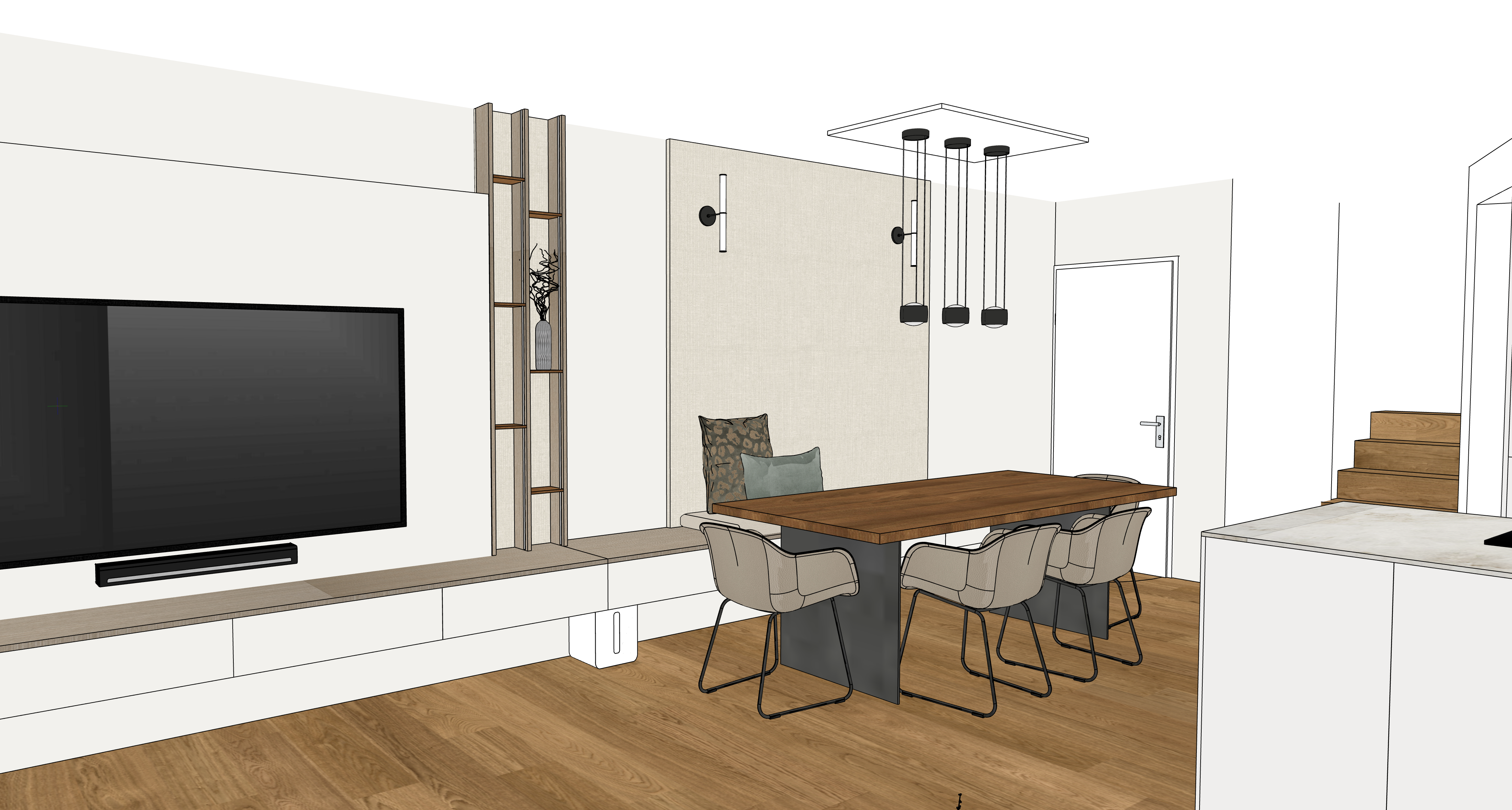 Ganzheitliches Gestaltungskonzept für den Wohnbereich mit Fokus auf luftige Möbel und hochwertige Materialien.