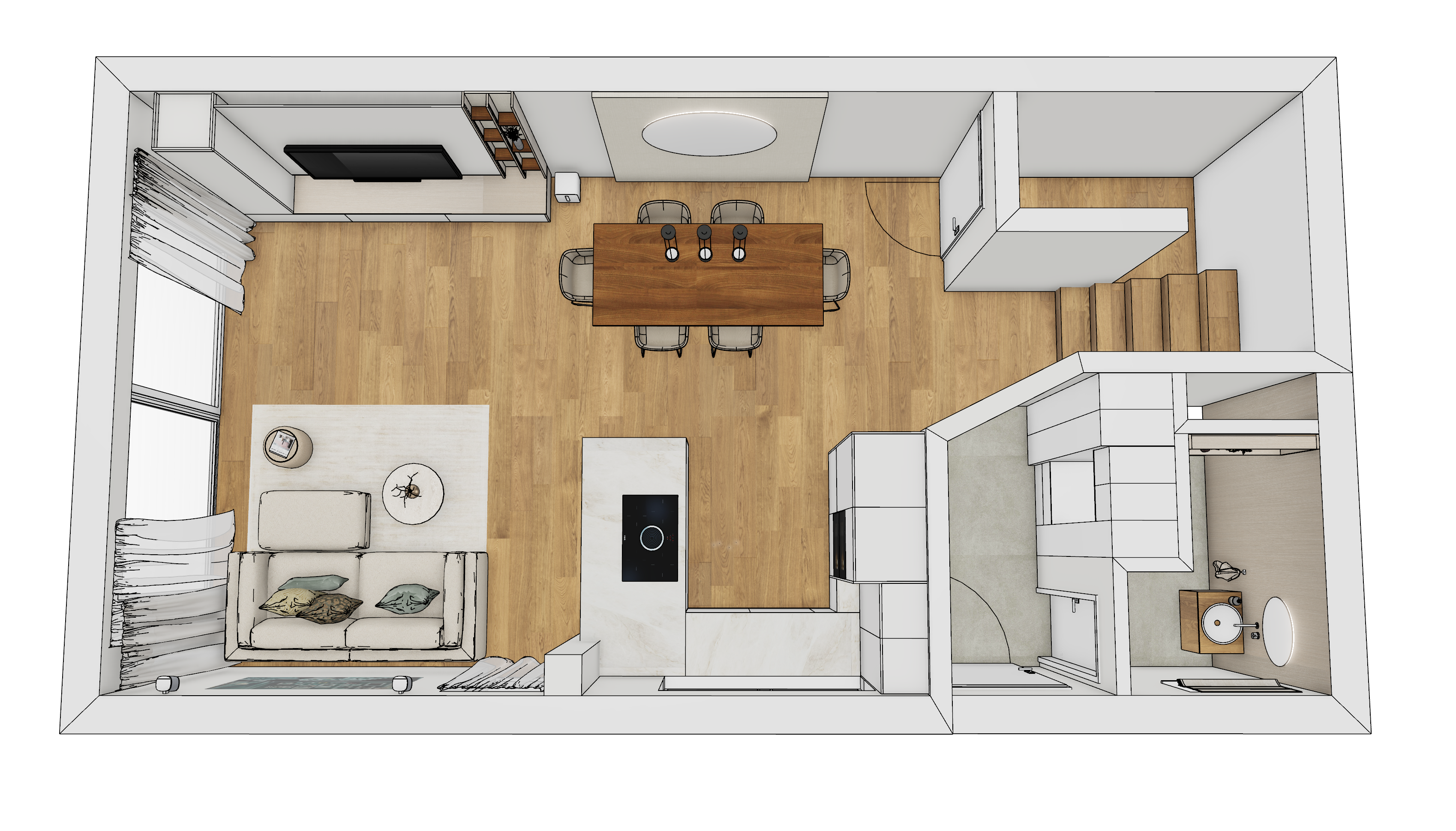 3D-Grundriss der offenen Wohnebene mit fließendem Übergang zwischen Küche, Essbereich und Wohnzone.