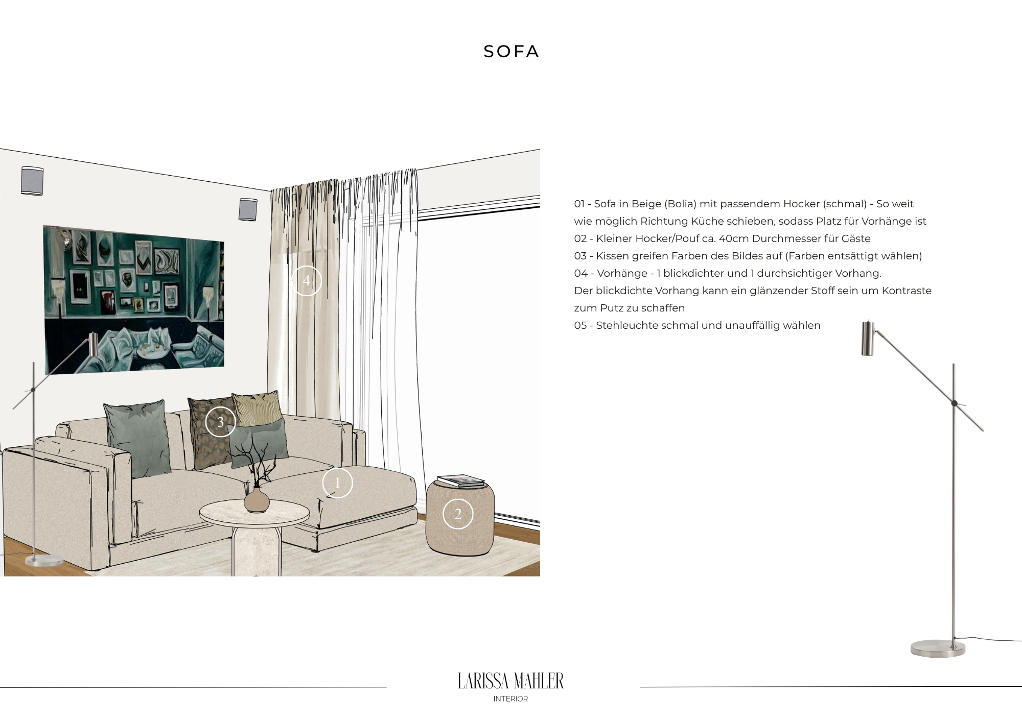 Wohnzimmer-Konzept München: Beiges Bolia Sofa mit integriertem Kunstwerk und harmonischer Textilauswahl für Hotel-Look.