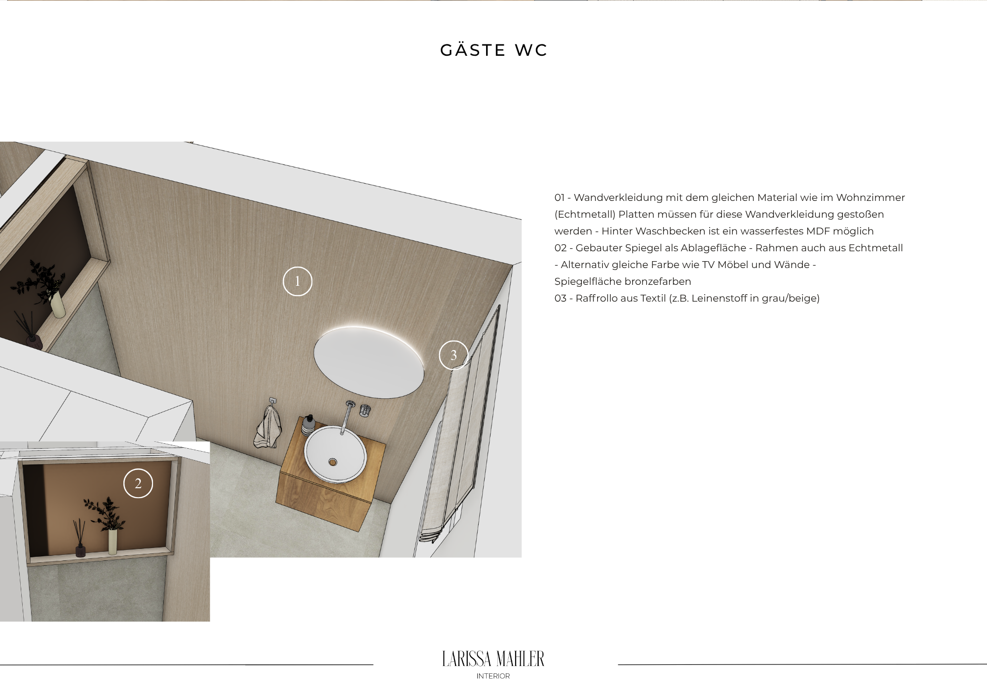 Gäste-WC Planung mit Echtmetall-Wandverkleidung, rundem Spiegel und maßgefertigtem Waschtisch.