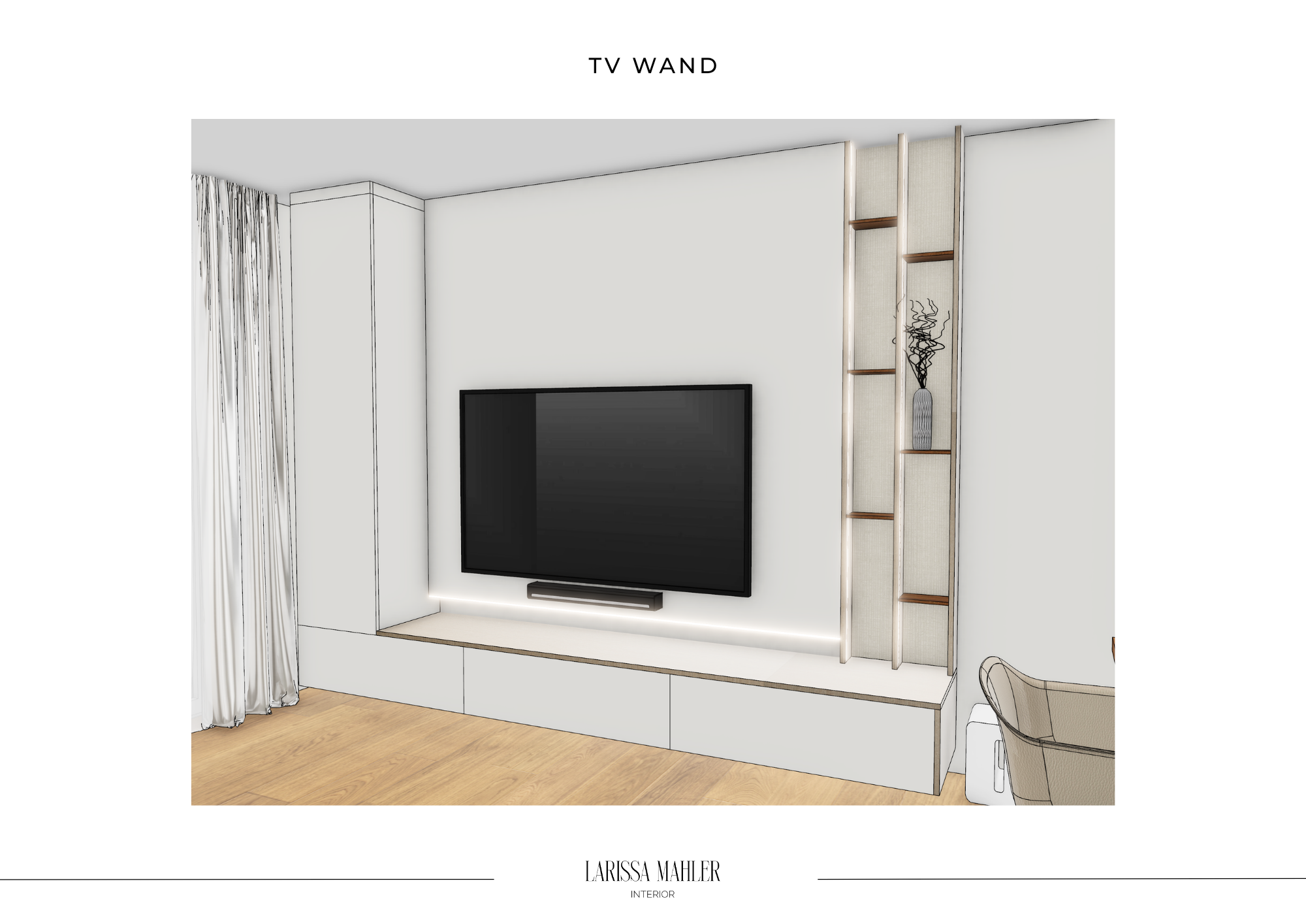 Maßgefertigte TV-Wand in München: Schwebendes Lowboard und deckenhoher Eckschrank für luftigen Hotel-Look.