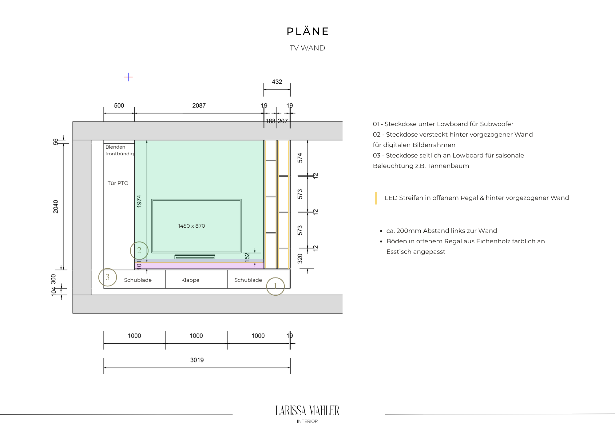Detailzeichnung TV-Wand: Maßgefertigtes Lowboard mit Stauraum, Eichenholz-Regal und integriertem LED-Lichtkonzept.