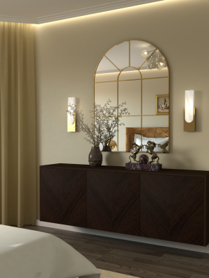 Interior Design Schlafzimmer 3 Sideboard im Schlafzimmer mit zwei Lampen und einem Spiegel.