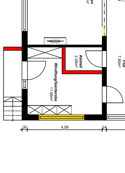 Grundriss eines Zimmers mit Garderobe und Abstellzimmer.